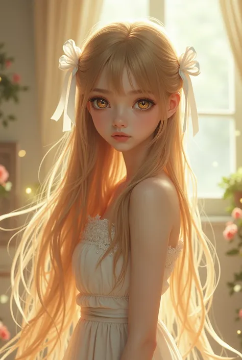  Create an imageLong hair of create an image of white aurora a character with aesthetics of 100 years of solitude light brown color with golden reflections ,with white bows , translucent white skin ,  big eyes and a honey tone with golden sparkles that con...