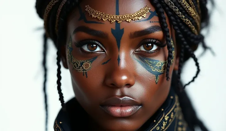 A close-up of a beautiful white woman with tattoos on her face, background blanc, belle androïde féminine, Tattooed face , Black elf, black skin,  lots of femininity , portrait dans la peinture mate, yeux dazzling s, elle est vêtue de vêtements de chaman, ...