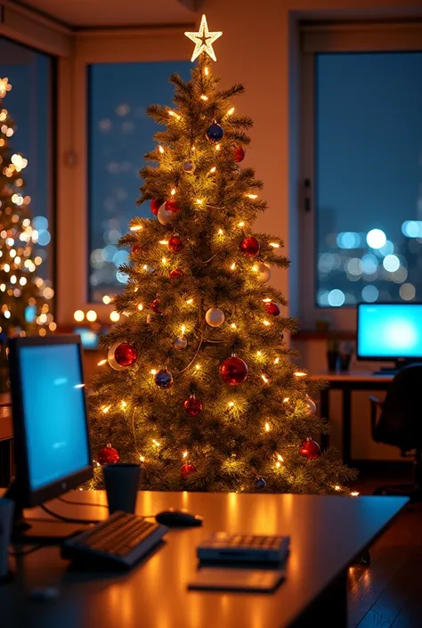  I want an image of a very nice Christmas tree ,  with lots of Christmas lights in a systems office , with 5 computers ,  that the image is cozy and has a message at the bottom of the image saying " From the information technology department of the HRD we ...