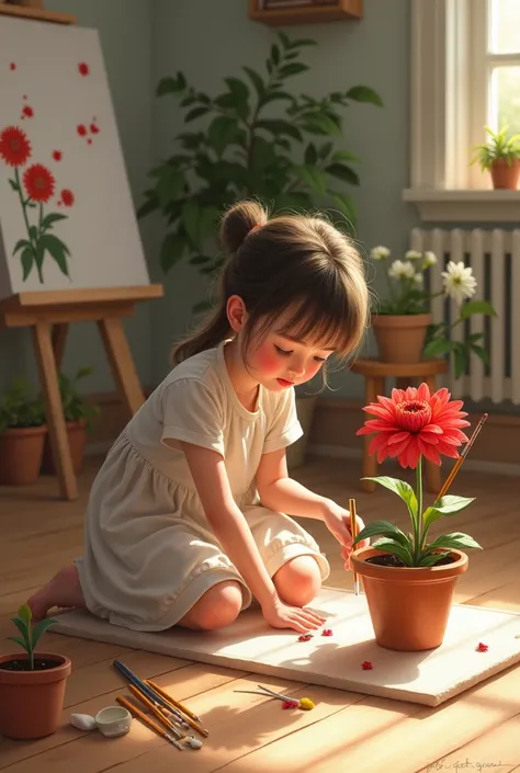 Girl kneeling on the floor with a brush in her hand painting a red flower with a pot and next to it there are more 