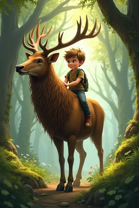 Boy rides a bushy haired stag