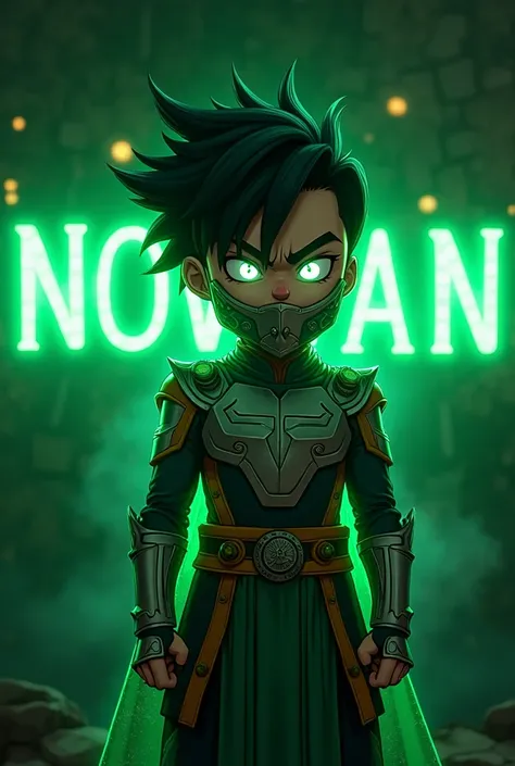 Create a realistic profile icon boy who looks angry, wearing Unique LED armor with Mask and an aura symbolizing his powers on his body. He has a faded haircut and the background has LED Fonts "NOWAN" on a beautiful wall design. All green LED