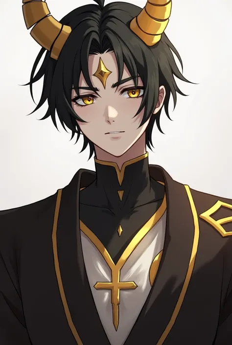 Male character with short black hair , a golden horn in the shape of a spiral and another broken in half , golden eyes , an inverted cross on the forehead , robe style clothing that does not cover his black and gold torso