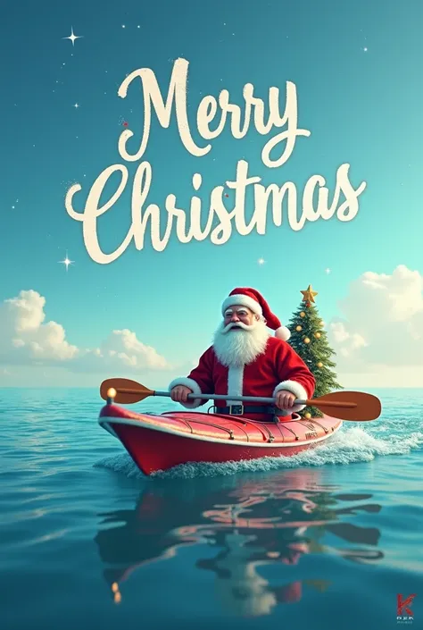 Santa Claus in a kayak in the sea and saying Merry Christmas in the sky