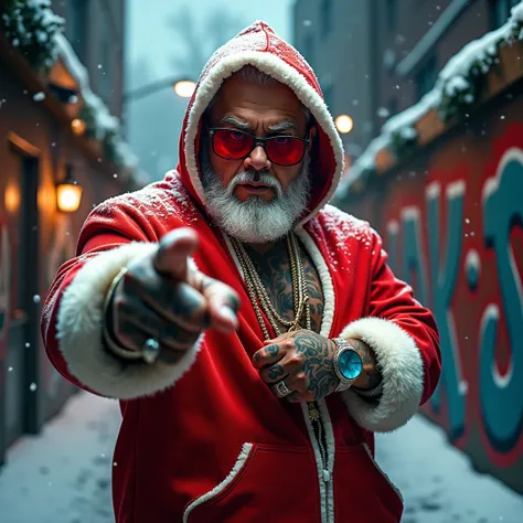 Rap Album cover of a Caucasian Santa Clause donned in red hip-hop street clothes white fluff trim and with a hood, with bling and red tinted sunglasses. Tattoos. Husky body type. Posing for a hip hop album cover. Dynamic. Pointing in to camera. Looking at ...