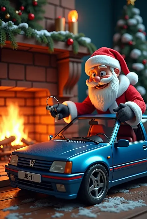 Santa Claus giving away blue Peugeot 205 Gti in the fireplace 