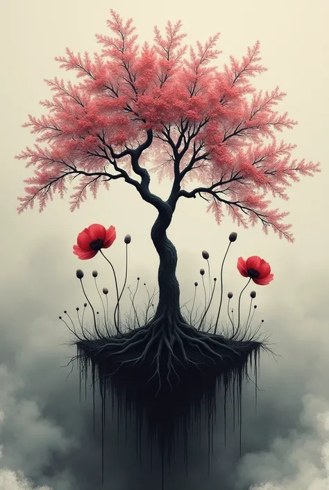 ethereal artistic illustration in charcoal and coffee and dark red ink, a branch of purple-red flowering cherry trees and a black poppy, opposed by the angles, root art, centered cloud of fog, finely illustrated, splash of bleach, digital art and gouache, ...