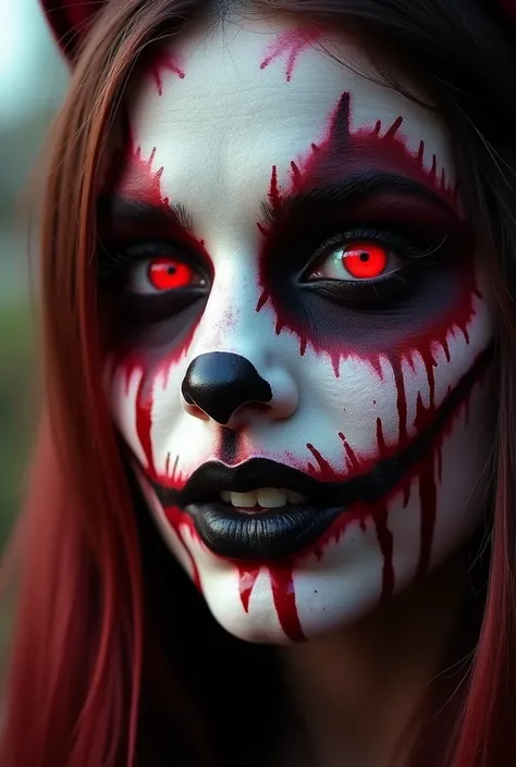 a close up of a  with a cat face paint on, scary look, facepaint, blood splatter on the sides, face painting, face paint, in a halloween style, scary style, fantasy themed, horror themed, halloween theme, chucky style, sinister and stylish, scary face, hal...