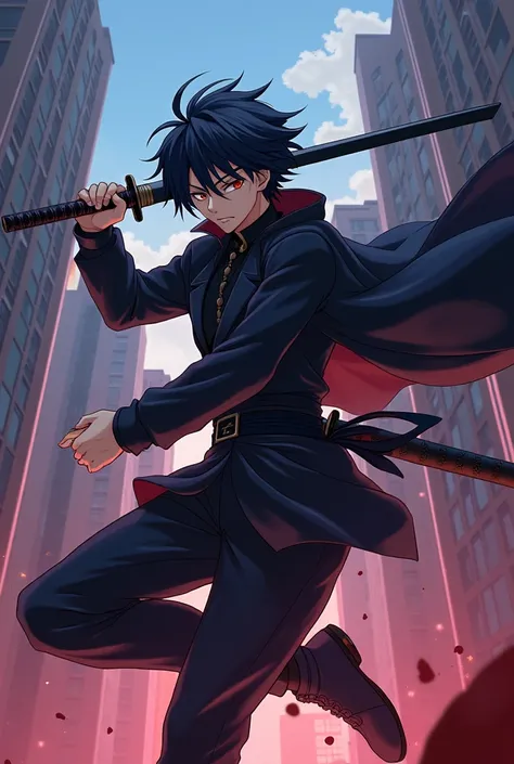 anime character with sword in hand flying through city, hijikata toushirou of gintama, dramatic wielding katana pose, handsome guy in demon slayer art, hijikata toushirou, holds a black sword, dramatic wielding sword pose, handsome anime pose, trigger anim...