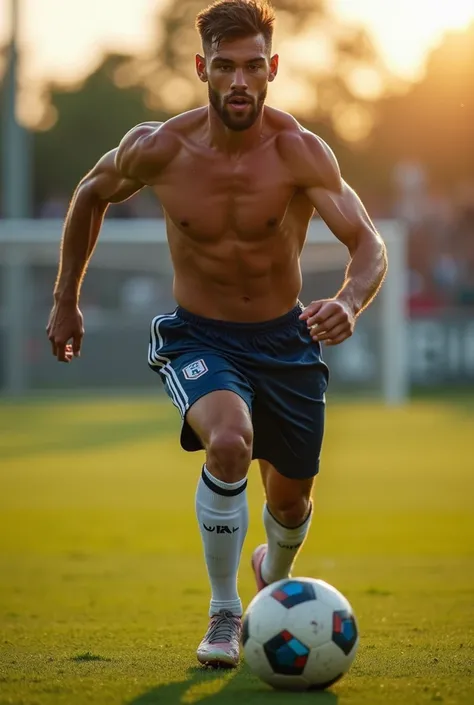 handsome white boy playing soccer shirtless realistic