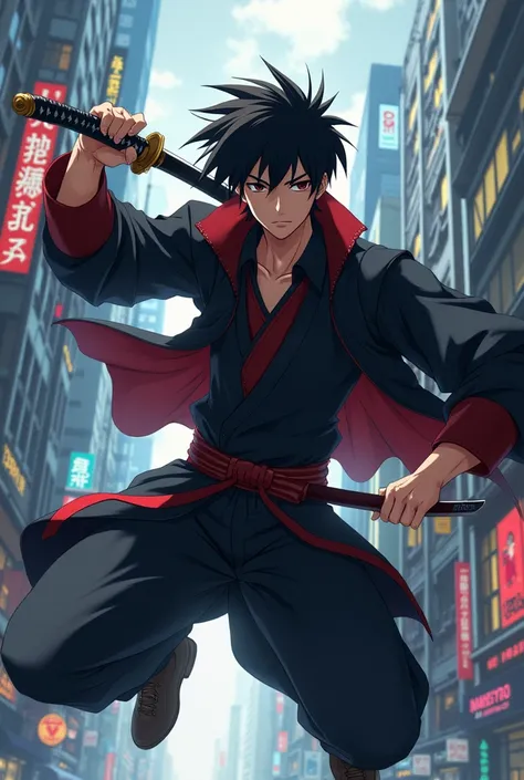 anime character with sword in hand flying through city, concept art inspired by Kawabata Ryūshi, trending on pixiv, shin hanga, hijikata toushirou of gintama, dramatic wielding katana pose, handsome guy in demon slayer art, hijikata toushirou, holds a blac...