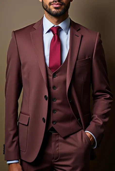  Combination of elegant mens clothing with a wine-red tie and shirt and pants with shades of brown or colors that combine with brown or wine-red, but one of them must have a shade of brown , without suit