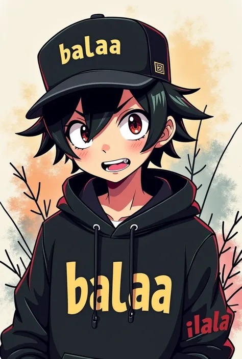 Make me an animated profile picture of a character wearing a black cap and down with the name Balaa