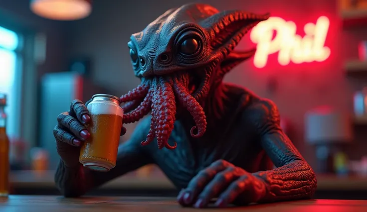 A highly detailed photo-realistic alien creature, hyper-realistic, eating an octopus, holding a beer can, dramatic lighting, cinematic composition, intricate details, complex textures, 4k, 8k, ultra-detailed, masterpiece, realistic, photorealistic, sharp f...