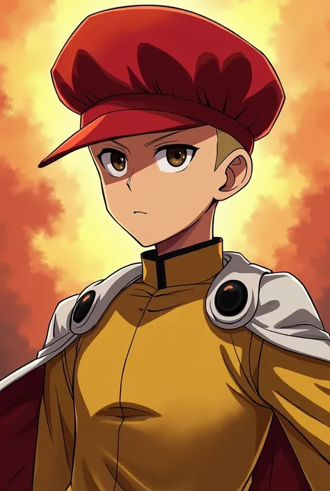 anime character with a red hat and a gold outfit, chef saitama one punch man, one punch man, one punch man manga, saitama, anime key visual like saitama, portrait of saitama, handsome saitama, advanced digital anime art ”, anime epic artwork, high quality ...