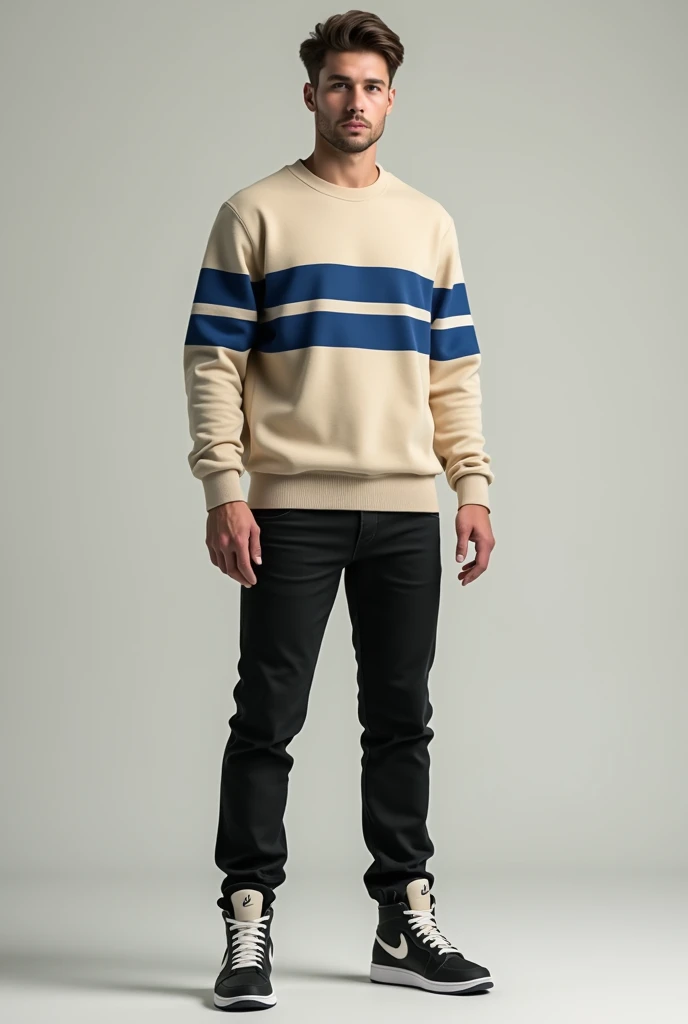 It shows a man wearing a beige long sleeve sweater with two blue lines on his chest and arms and black jeans and high-cut Nike shoes.
