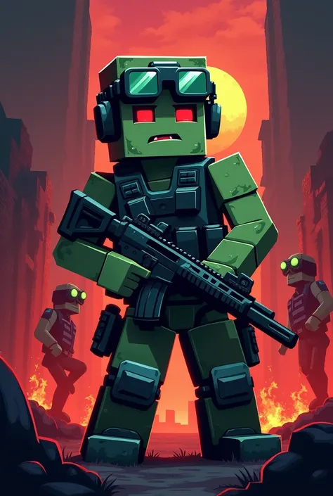 Help me design a promotional graphic for a roguelike type game
Use Minecraft art style
Doomsday zombie theme
The performance of a fully equipped SWAT team and zombie battles
The name of the game：“MineWar ”