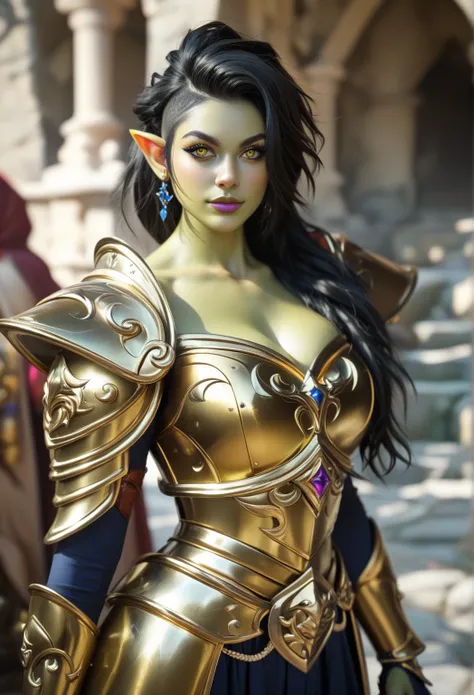 1 female, Beautiful goblin warrior, photoreaistic, green skin, long black hair, yellow eyes. (((Wearing uruk hai armor))) orc castle background. Fierce.