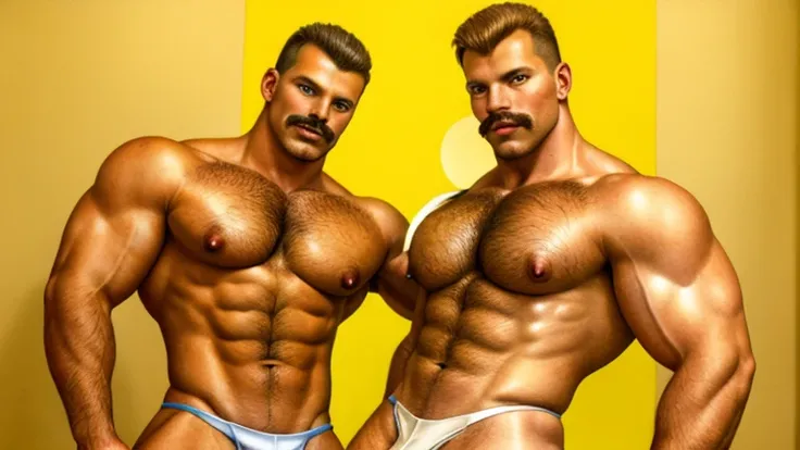 in color gay leather men wearing sexy revealing white thongs making the crotch look bigger prominent bulge male focus, hairy chest, mustache, viril masculine,eye catching vivid colors making strong contrasts between them,masterpiece 