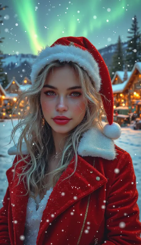 Portrait of a beautiful woman, slightly tanned white skin, light brown eyes, she is wearing a Santa hat, she is smiling, she has a piercing in her nose, long, wavy and silver hair, she is wearing a red velvet jacket like Santas , in the background a Christ...