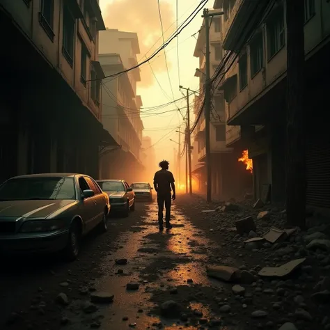 An alley at war, Dystopia, Fire, cri, At the end of the street a Rastafari smoking in the background, 4K, epic