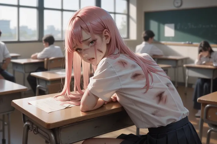 Japanese girl . Small breasts. Pink long Hair with Bangs. injuries. Bruises. Dirty Body. Tears. Public. In classroom. Anal. Back