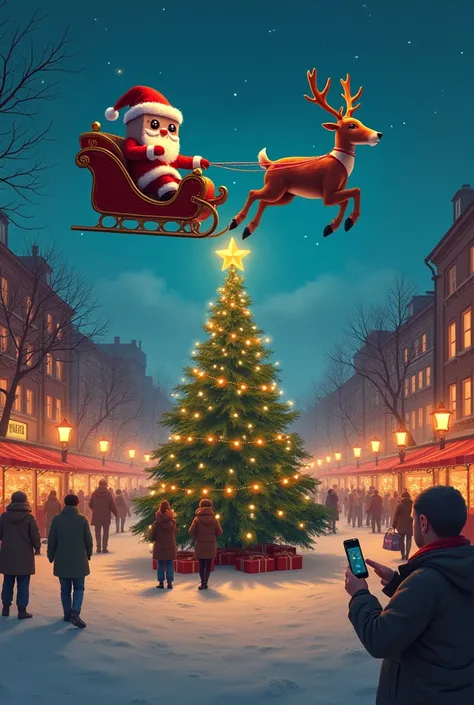   A square with a Christmas tree in the center  , Lots of lights and people  ,   Santas sleigh is flying above the sky  ,   A square robot disguised as Santa is riding a sleigh drawn by Rudolph ,  And the letters Fraction ai are written on the gift box car...