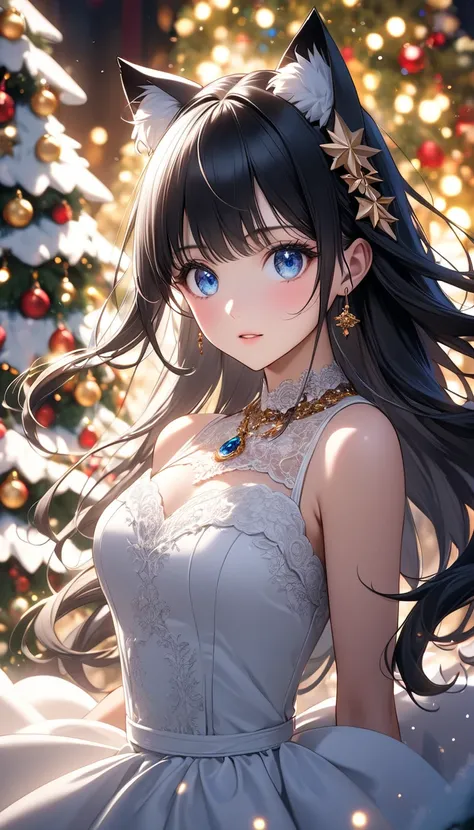   1 girl fights, One,    Characters  " atlus ",  cat ears, beautiful,  expressive eyes  ,  blue eyes , beautiful губы,  detailed  ,   Extremely thin eyes and face  ,   long eyelashes ,   Soft and fluffy long black hair ,   elegant Christmas red and white d...