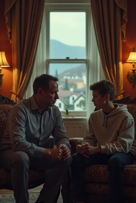 "A father and son in a luxurious room with ornate furniture and dim lighting. The father, looking thoughtful, explains something important to his son, who listens intently. Behind them, a window shows a view of the village."

