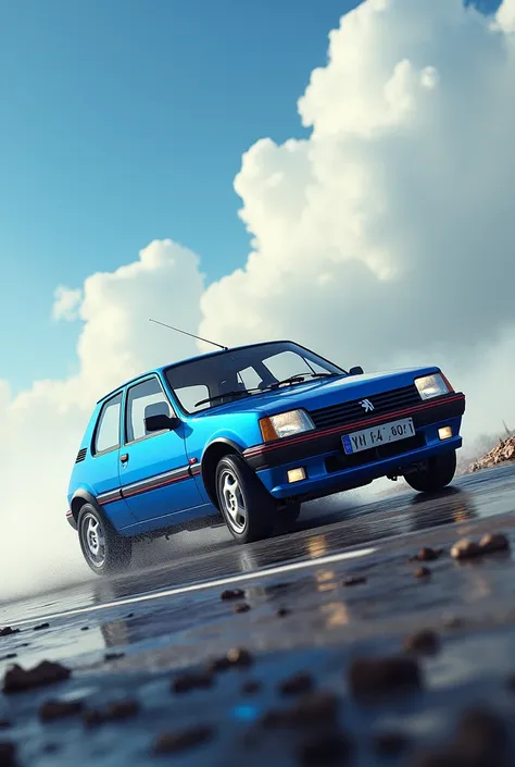 Peugeot 205 blue skidding