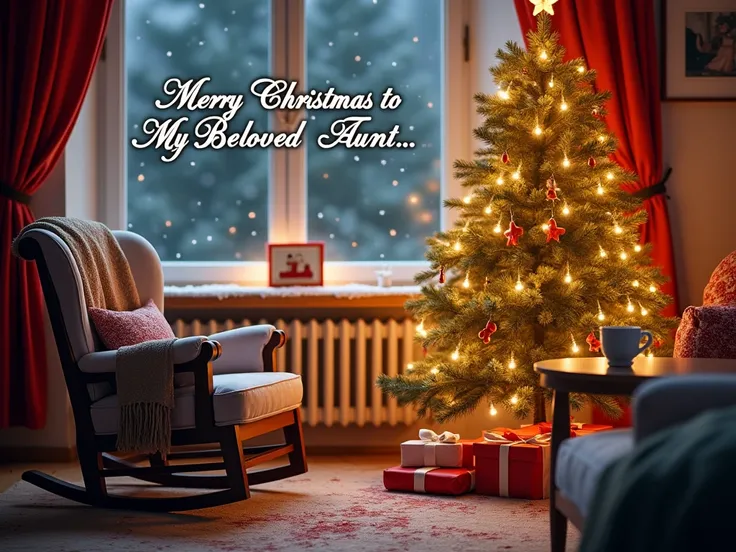 A cozy living room on Christmas Eve with a brightly lit Christmas tree, a rocking chair draped with a festive blanket, and a table with gift boxes and a cup of hot chocolate. Snow is falling outside the window, and the text Merry Christmas to My Beloved Au...