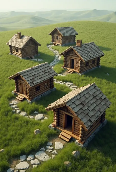 Create images of several log cabins on a flat grass region with stone paths