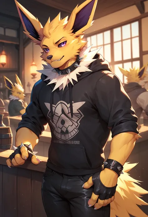 Solo male , furry, Jolteon, in a tavern, wearing a black hoodie, black pants and a spiked collar around his neck, fingerless gloves and spiked bracelets on his arms