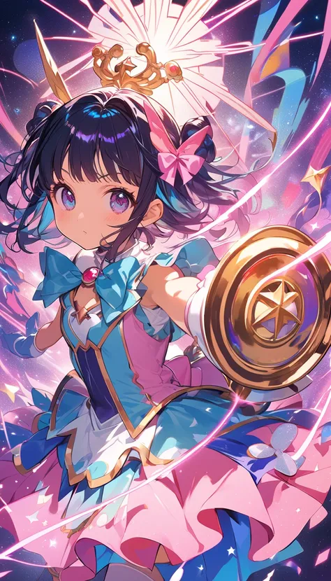 Close up of a person holding a megaphone in a cartoon,  Magical Girl,  anime cover ,  Magic Punk ,  promotional art from the 2020s,  Magical Girl anime mahou shojo, by Shinoda Toko, magical digital, Mikudayo,  digital art , Magical World, Concept art magic...