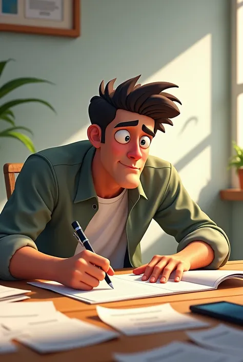 Animated man in a simple room writing and several scattered papers