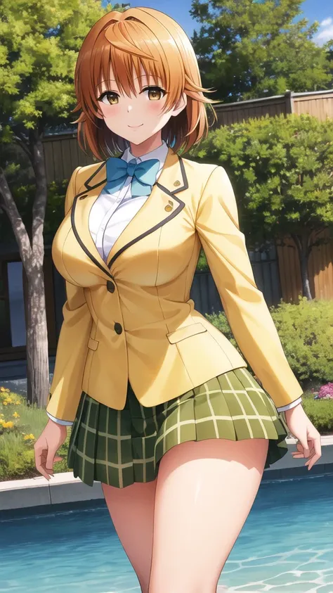 masterpiece, best quality, highres, aariko, short hair, brown eyes, , blue bowtie, blazer, yellow jacket, long sleeves, plaid skirt, green skirt, standing, cowboy shot, smile, outdoors, huge breasts, thick thighs, wide hips, sexy, venusbody