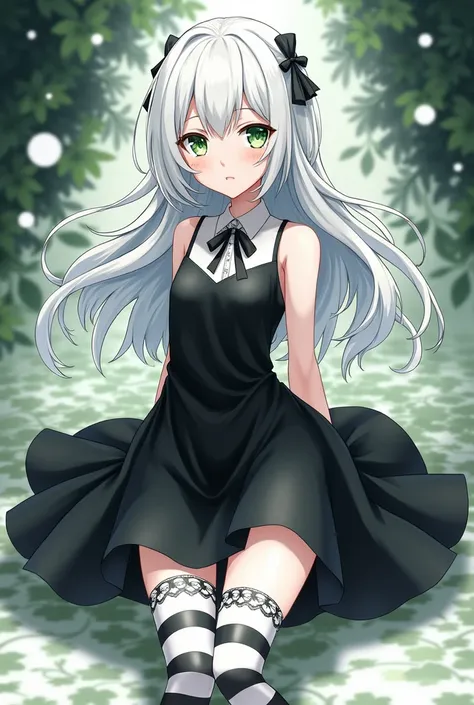 Character girl from where I piece with white hair and green eyes wearing a black dress and white and black socks