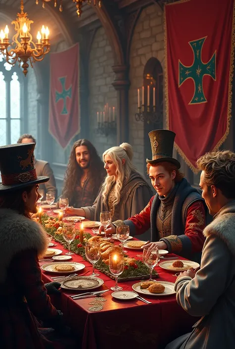 Members of the SwA alliance at the medieval Christmas dinner, mad hatter, Khaleesi, Lord Snow, flags written SwA  