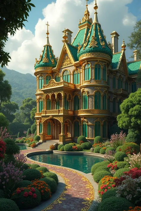 A giant house made of diamonds and gold and emeralds and it is surrounded by beautiful plant life