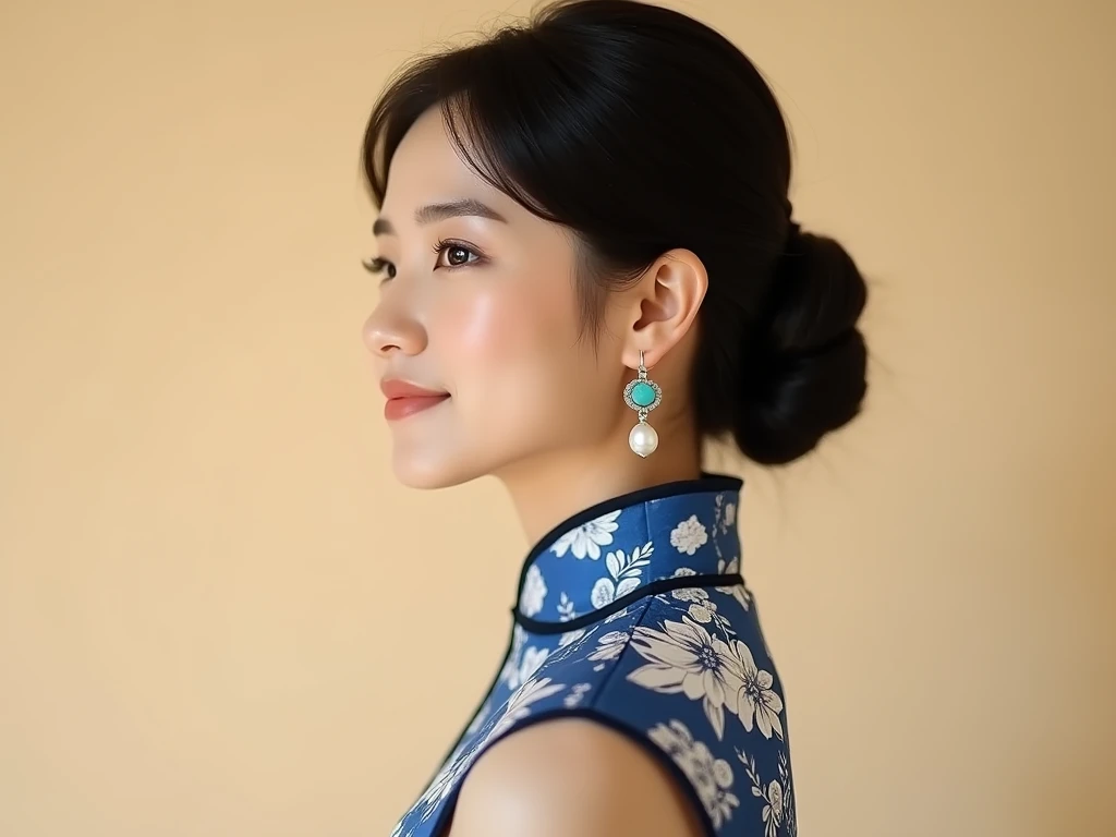 A young Chinese woman poses gracefully in profile, wearing a stylish blue and white patterned cheongsam. Her dark hair is sleekly styled, and she sports elegant earrings featuring a turquoise gem and pearl. The background is a warm beige, adding a soft con...