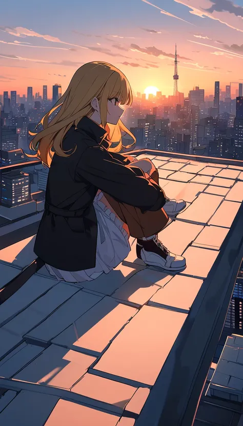 Anime girl with blonde hair and black jacket standing on balcony,  watching the sunset. Anime,  city girl fan art , Anime style mixed with fujifilm, Set on the rooftops of Tokyo, There is a woman wearing a reol , ((sunset)), Anime style. 8k, Anime style ci...