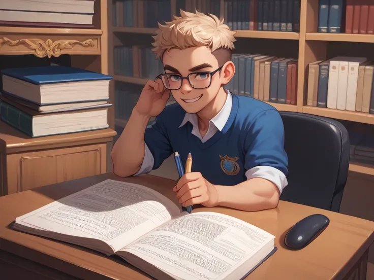  Create an image of a young man who studies physics with glasses dressed in a sweater as if he were an English bourgeois .. .  While he is at the computer and studies and thinks about the things he will do as a physicist and while he has many different mat...