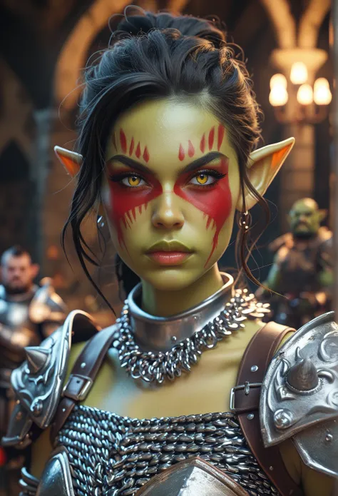 1 female, goblin warrior, photoreaistic, green skin, long wild black hair, yellow eyes. (((Wearing chainmail armor))) orc castle background. Fierce. Red face paint.