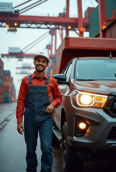 Engineer with a Toyota Hilux wishes a merry Christmas at the port of APM TERMINALS with a dedication that I mentioned merry Christmas to his colleagues