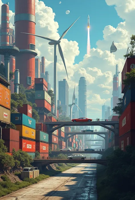 socialist futurism style , city with every building made of built of shipping containers , cranes, wind, turbines, space rockets , flying cars, mono-rail