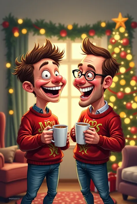 Create a carilture with two  male friends celebrating Christmas 