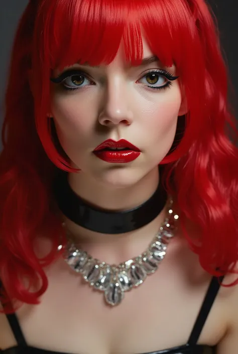 Beautiful girl, red lip gloss, eyeliner flicks, red lip gloss, sexy, latex schoolgirl outfit, body oil, extreme make up, red hair in pigtails,  dark red lip gloss, shiny lips, reflective lips