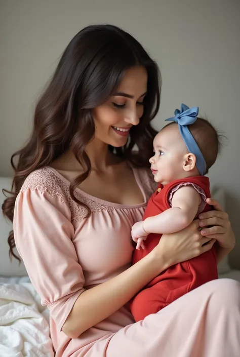 

a young woman,  with long wavy dark brown hair dressed in a light pink dress with lace details.  She holds a baby in her lap , One about 7 months old , wearing a light red jumpsuit with a blue bow on the head . The woman is smiling softly,  and the baby ...