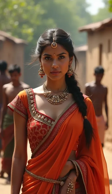 Image Prompt:
A very clear ultra HD dynamic image of a confident and strikingly beautiful woman standing in a rural village setting. She has an alluring gaze, wearing a richly embroidered blouse and a traditional saree that drapes elegantly. Her bold jewel...