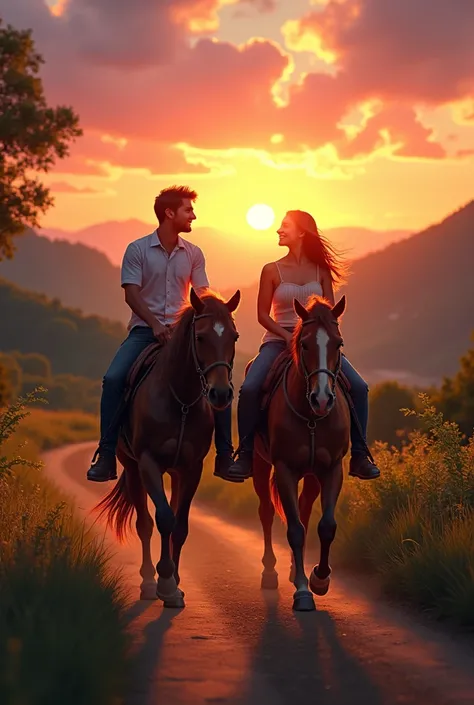 Couple riding horses in the sunset 